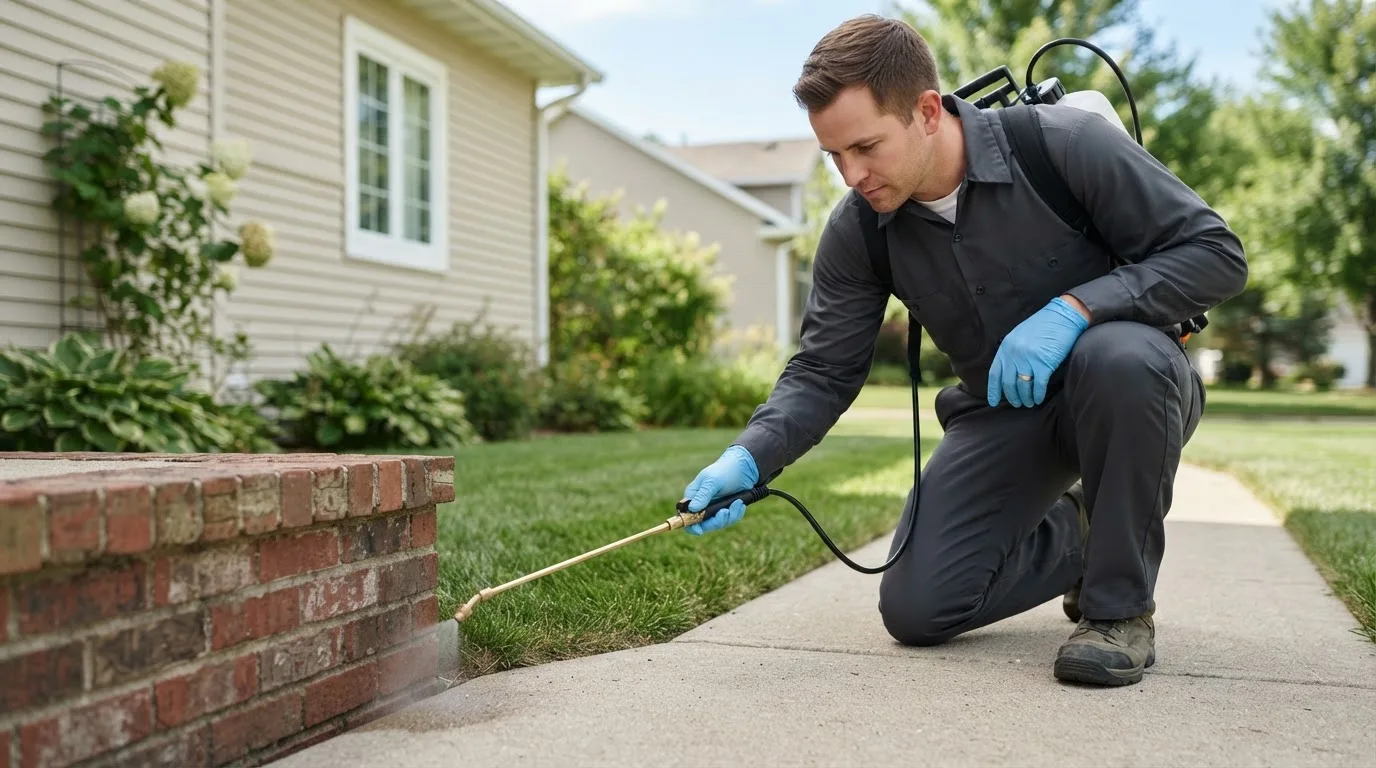 Pest control technician treating a home near Huntland, TN