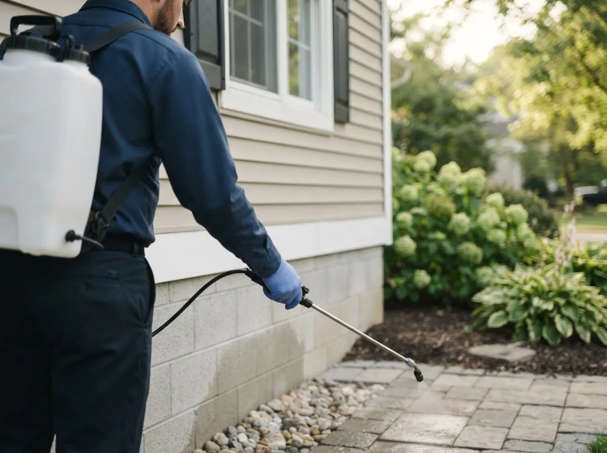 Pest control technician inspecting a home in Huntland, TN